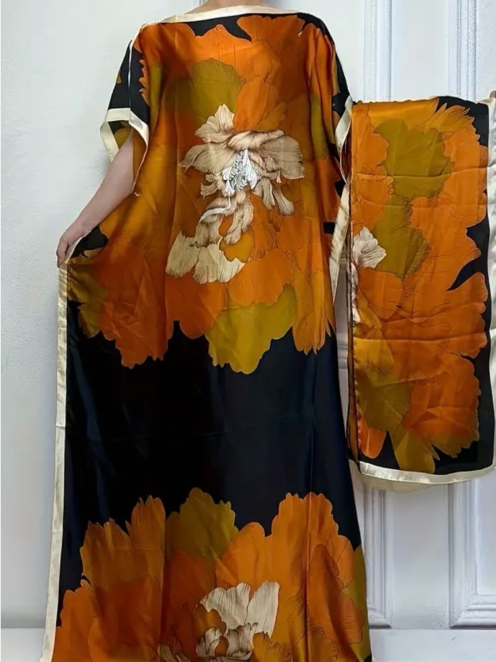 Black Satin Floral Caftan with Bold Orange Blooms